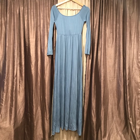 Blue Solid Off Shoulder Maternity Maxi Dress - Picture 3 of 4